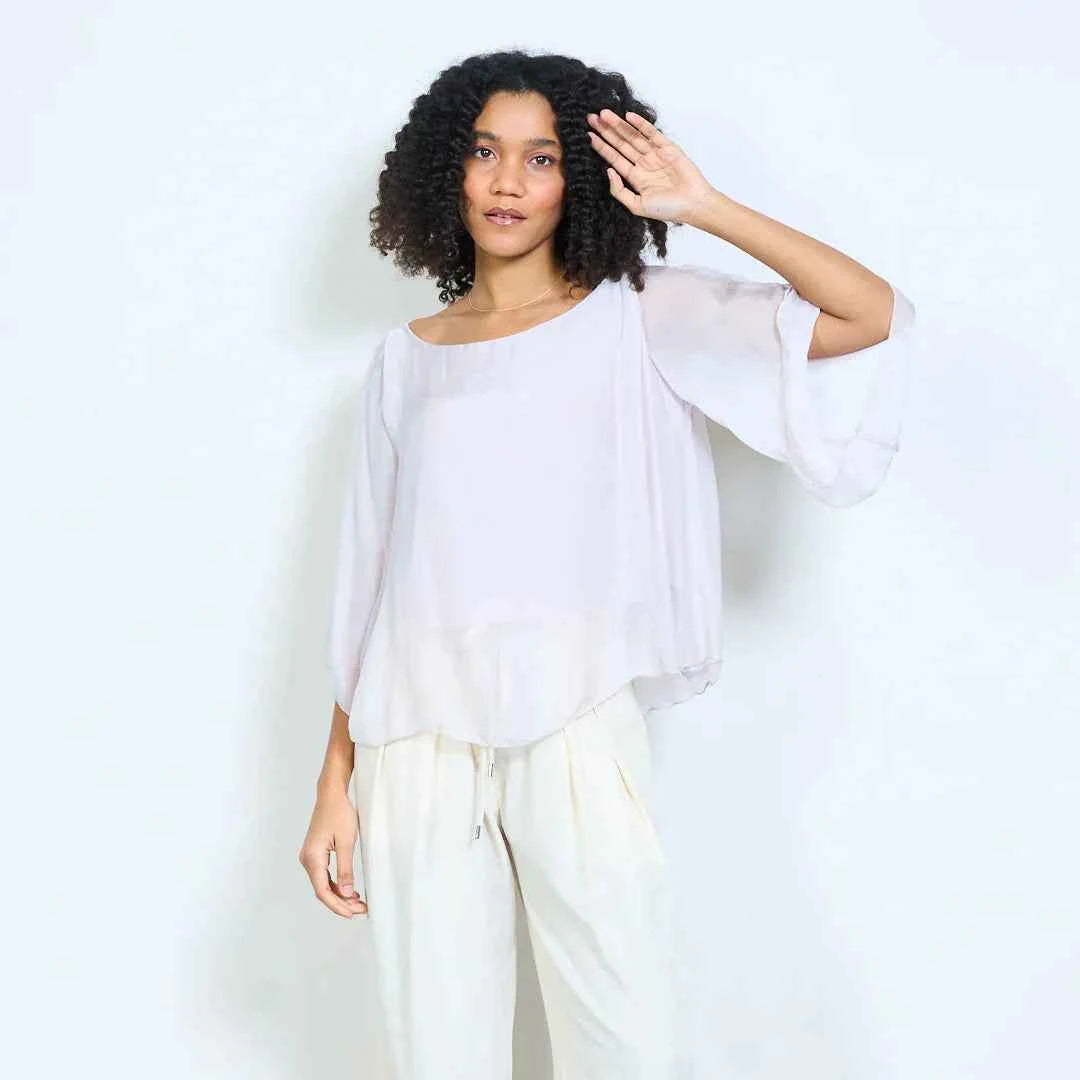 BZNA Seidenbluse Seidentunika Seidenchiffonbluse Fledermaus Ärmel oneSize
