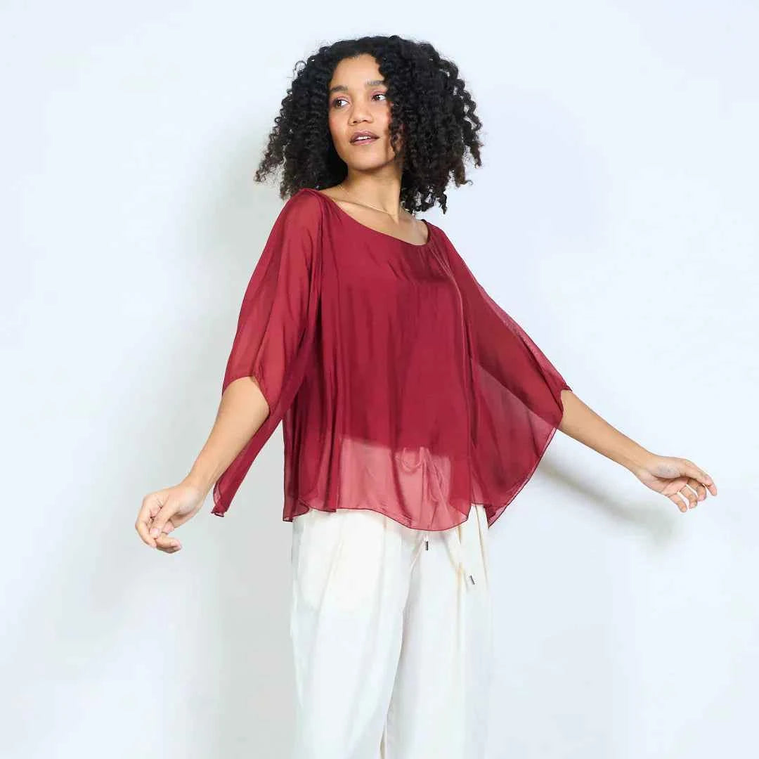 BZNA Seidenbluse Seidentunika Seidenchiffonbluse Fledermaus Ärmel oneSize