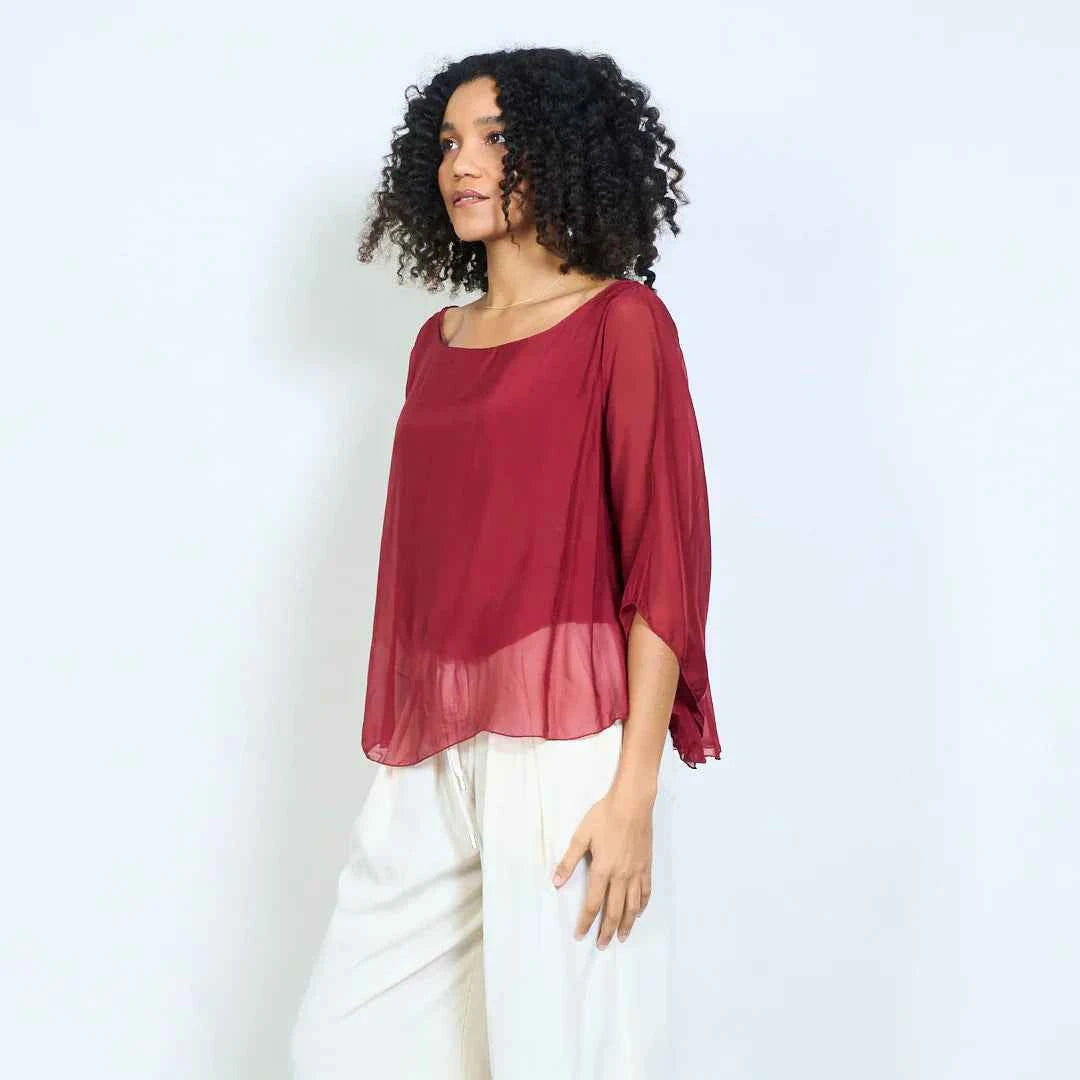 BZNA Seidenbluse Seidentunika Seidenchiffonbluse Fledermaus Ärmel oneSize