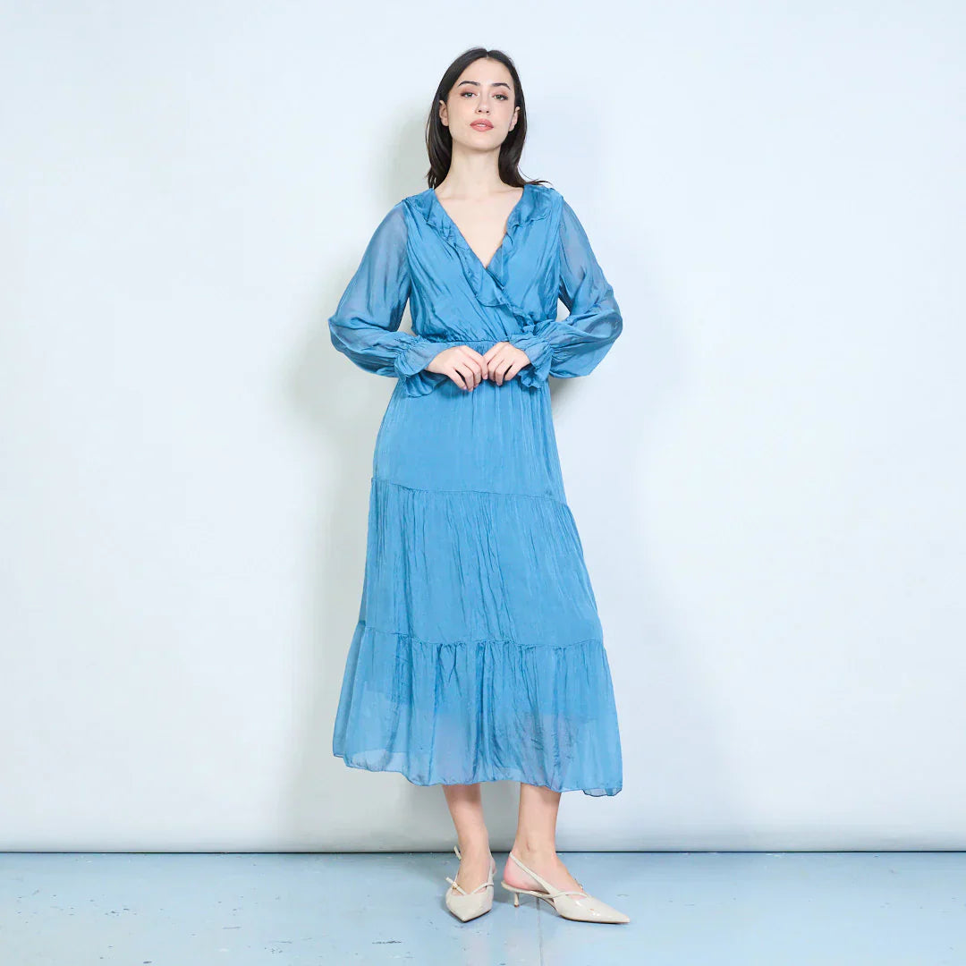 BZNA Kleid Elegantes gestuftes Maxikleid mit Rüschen und Wickelausschnitt Seidenchiffon Seidenkleid oneSize - B Z N A