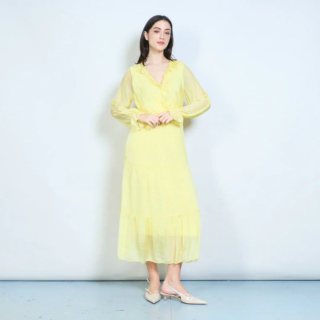 BZNA Kleid Elegantes gestuftes Maxikleid mit Rüschen und Wickelausschnitt Seidenchiffon Seidenkleid oneSize - B Z N A