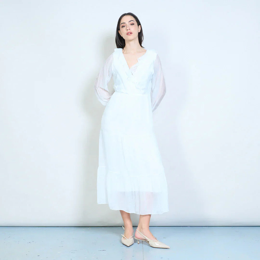 BZNA Kleid Elegantes gestuftes Maxikleid mit Rüschen und Wickelausschnitt Seidenchiffon Seidenkleid oneSize - B Z N A