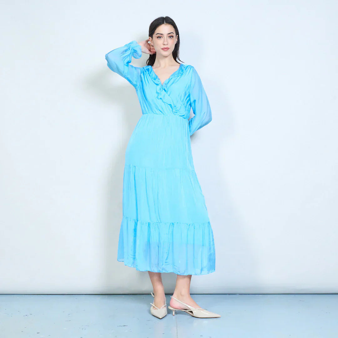 BZNA Kleid Elegantes gestuftes Maxikleid mit Rüschen und Wickelausschnitt Seidenchiffon Seidenkleid oneSize - B Z N A