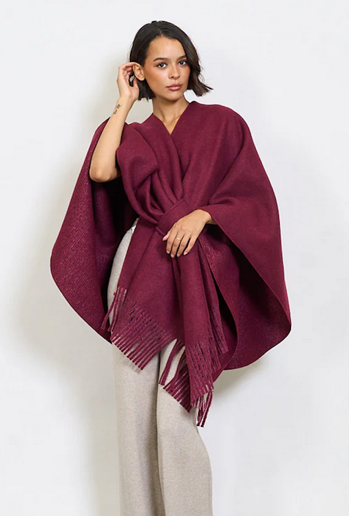 BZNA Strickponcho in Bordeaux - Wolltuch mit Fransen - Poncho MADE IN ITALY