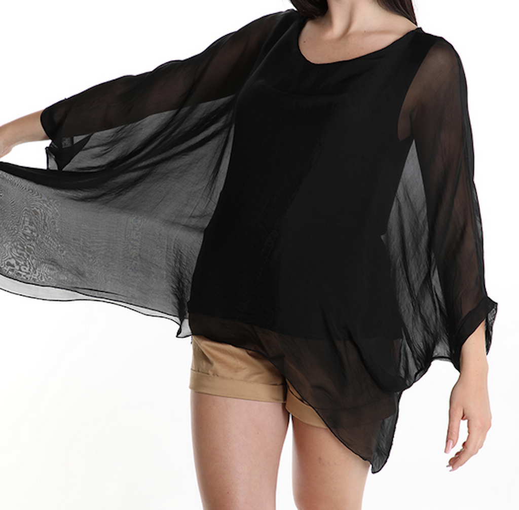 BZNA Seidenbluse Schwarz Tunika Seidentunika Seidenchiffonbluse Fledermaus Ärmel oneSize