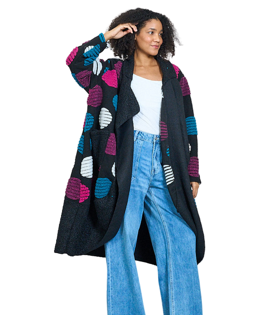 BZNA Oversize Open Front Strickmantel Wollmantel  Farbe Fuxia -circle pattern -  MADE IN ITALY