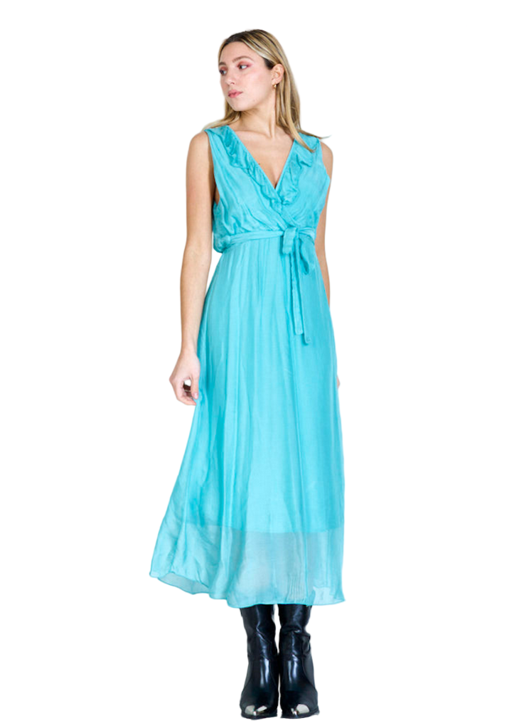 BZNA Ibiza Kleid Aqua Seidenchiffon langes Kleid mit Rüschen Seidenkleid oneSize