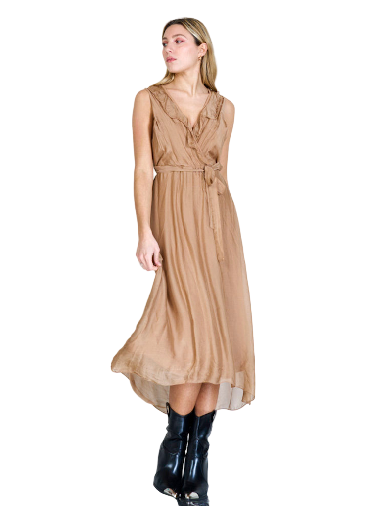 BZNA Ibiza Kleid Toffee Seidenchiffon langes Kleid mit Rüschen Seidenkleid oneSize