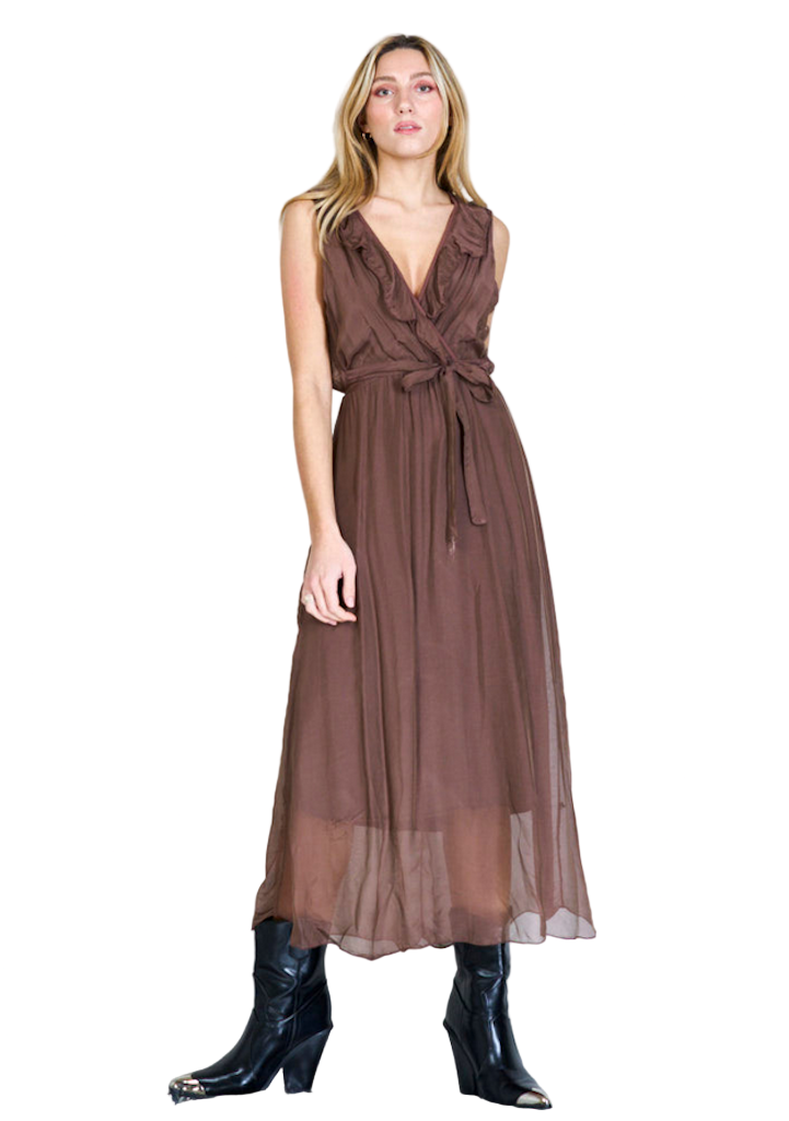 BZNA Ibiza Kleid Coffee Seidenchiffon langes Kleid mit Rüschen Seidenkleid oneSize