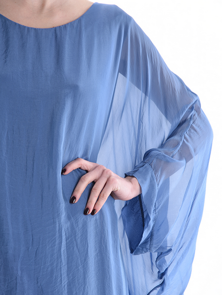 BZNA Seidenbluse lang Beige Tunika Seidentunika Seidenchiffonbluse Fledermaus Ärmel oneSize - B Z N A
