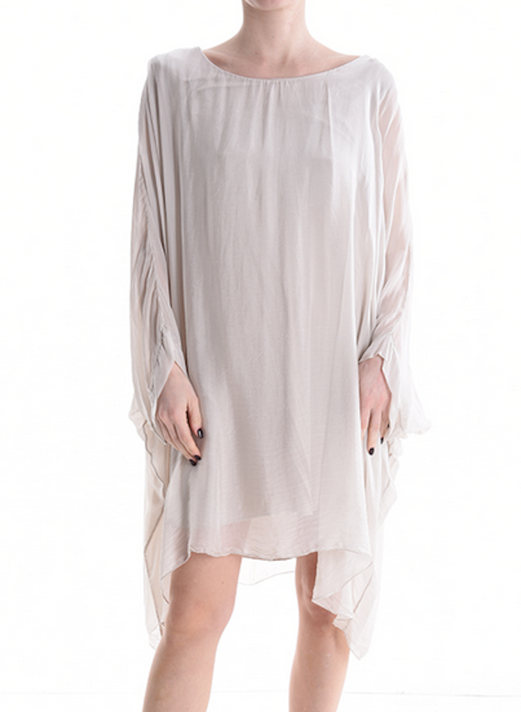 BZNA Seidenbluse lang Beige Tunika Seidentunika Seidenchiffonbluse Fledermaus Ärmel oneSize - B Z N A