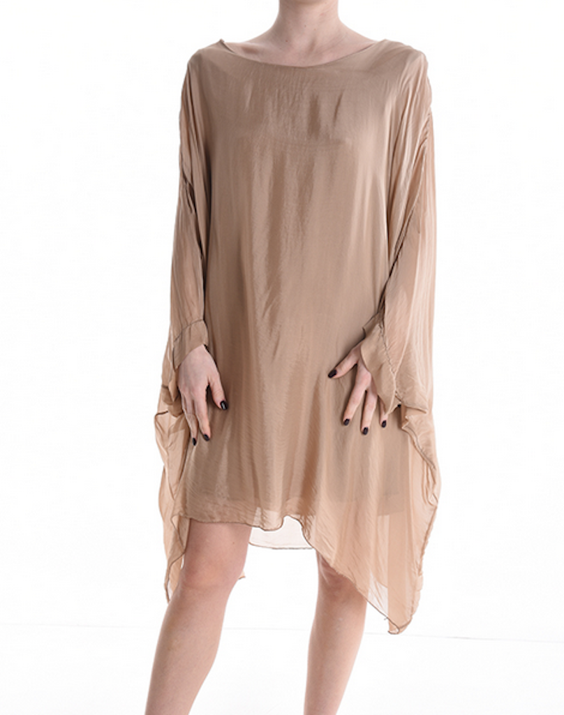 BZNA Seidenbluse lang Taupe Tunika Seidentunika Seidenchiffonbluse Fledermaus Ärmel oneSize