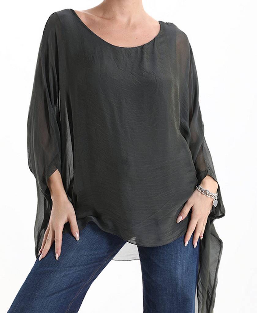 BZNA Seidenbluse Grau Tunika Seidentunika Seidenchiffonbluse Fledermaus Ärmel oneSize - B Z N A