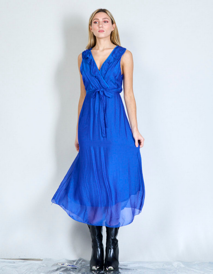 BZNA Ibiza Kleid Royalblau Seidenchiffon langes Kleid mit Rüschen Seidenkleid oneSize