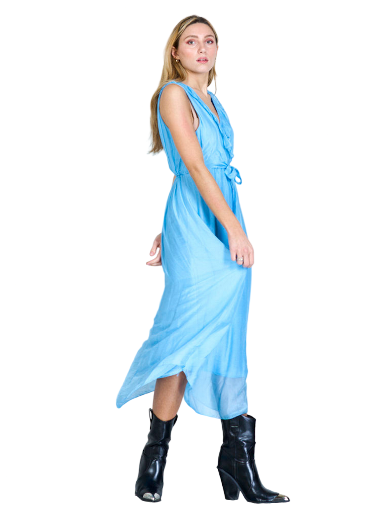 BZNA Ibiza Kleid Light Blue Seidenchiffon langes Kleid mit Rüschen Seidenkleid oneSize
