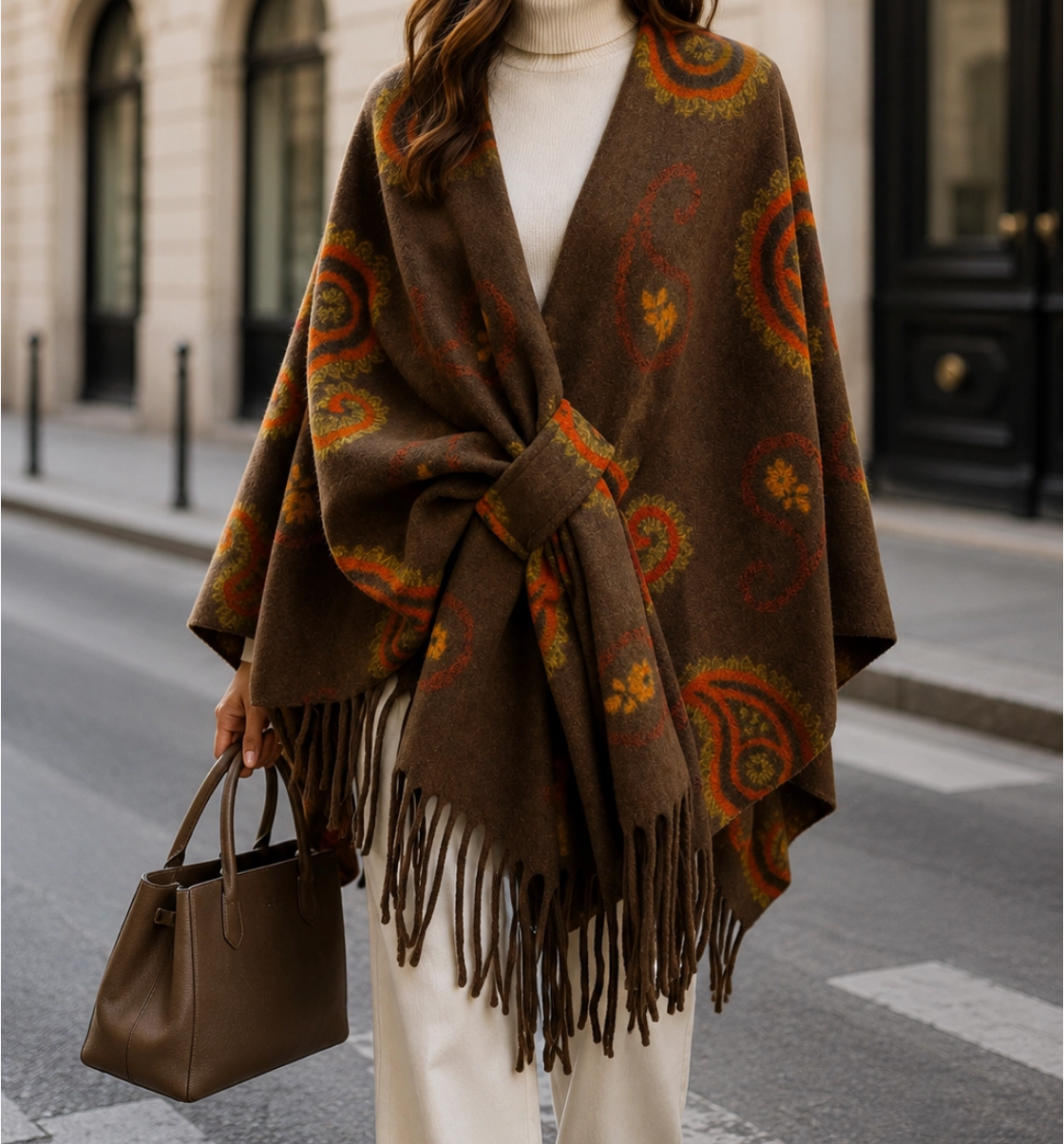 BZNA Strickponcho in Braun - Wolltuch mit Fransen - Poncho MADE IN ITALY - B Z N A