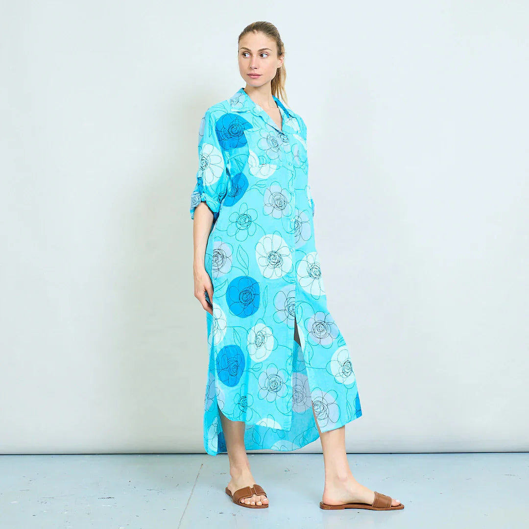 BZNA Sommer Oversize Hemdkleid mit abstraktem Blumendruck   oneSize - B Z N A