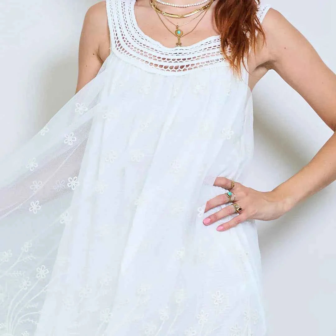 BZNA Sommer Weiß Ärmelloses gesticktes Midi Kleid mit Häkelausschnitt oneSize