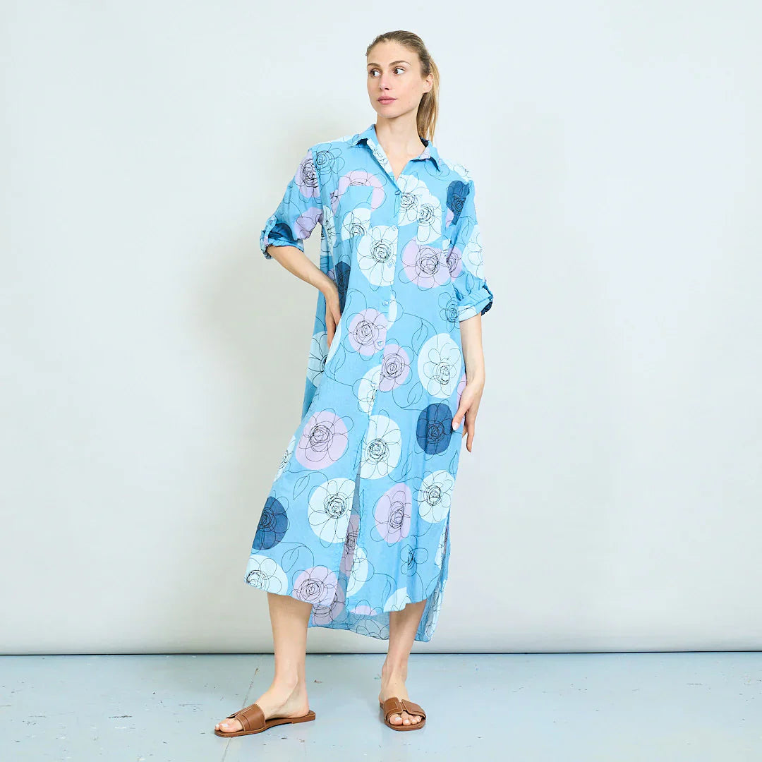 BZNA Sommer Oversize Hemdkleid mit abstraktem Blumendruck   oneSize - B Z N A