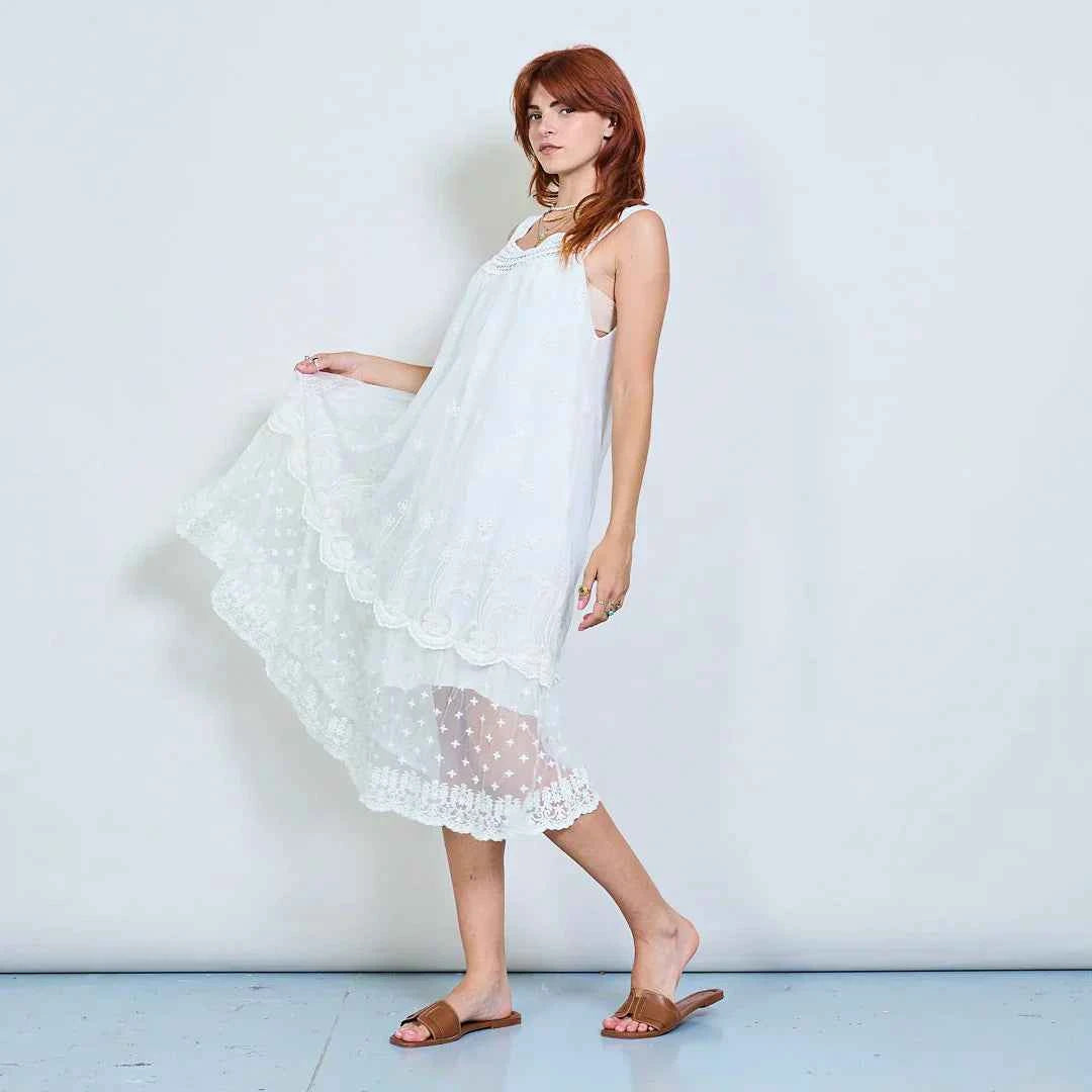 BZNA Sommer Weiß Ärmelloses gesticktes Midi Kleid mit Häkelausschnitt oneSize