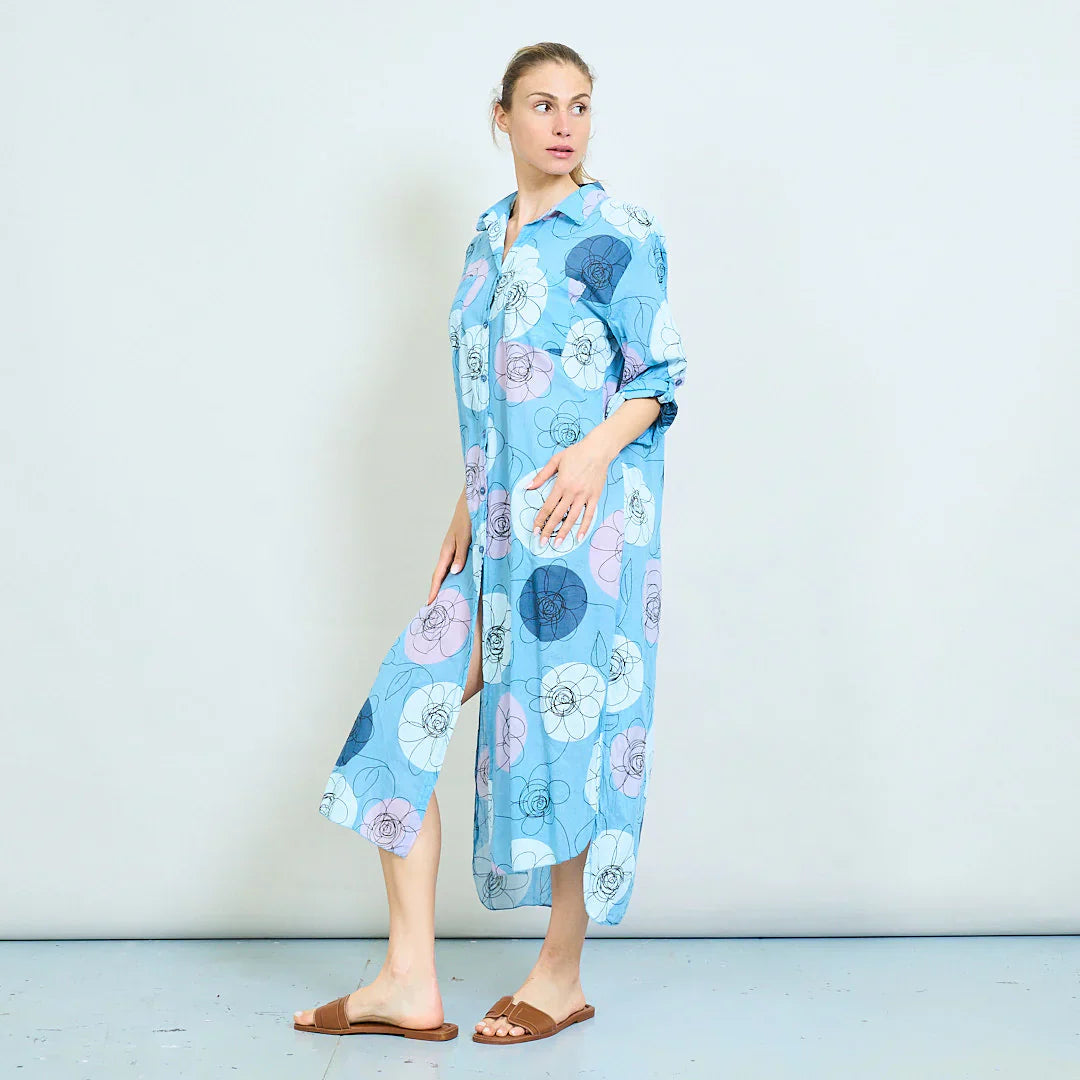 BZNA Sommer Oversize Hemdkleid mit abstraktem Blumendruck   oneSize - B Z N A
