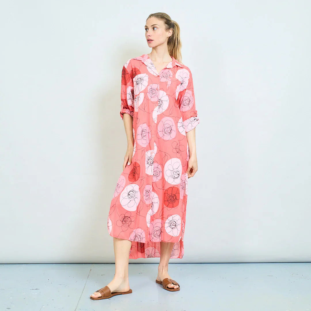 BZNA Sommer Oversize Hemdkleid mit abstraktem Blumendruck   oneSize - B Z N A