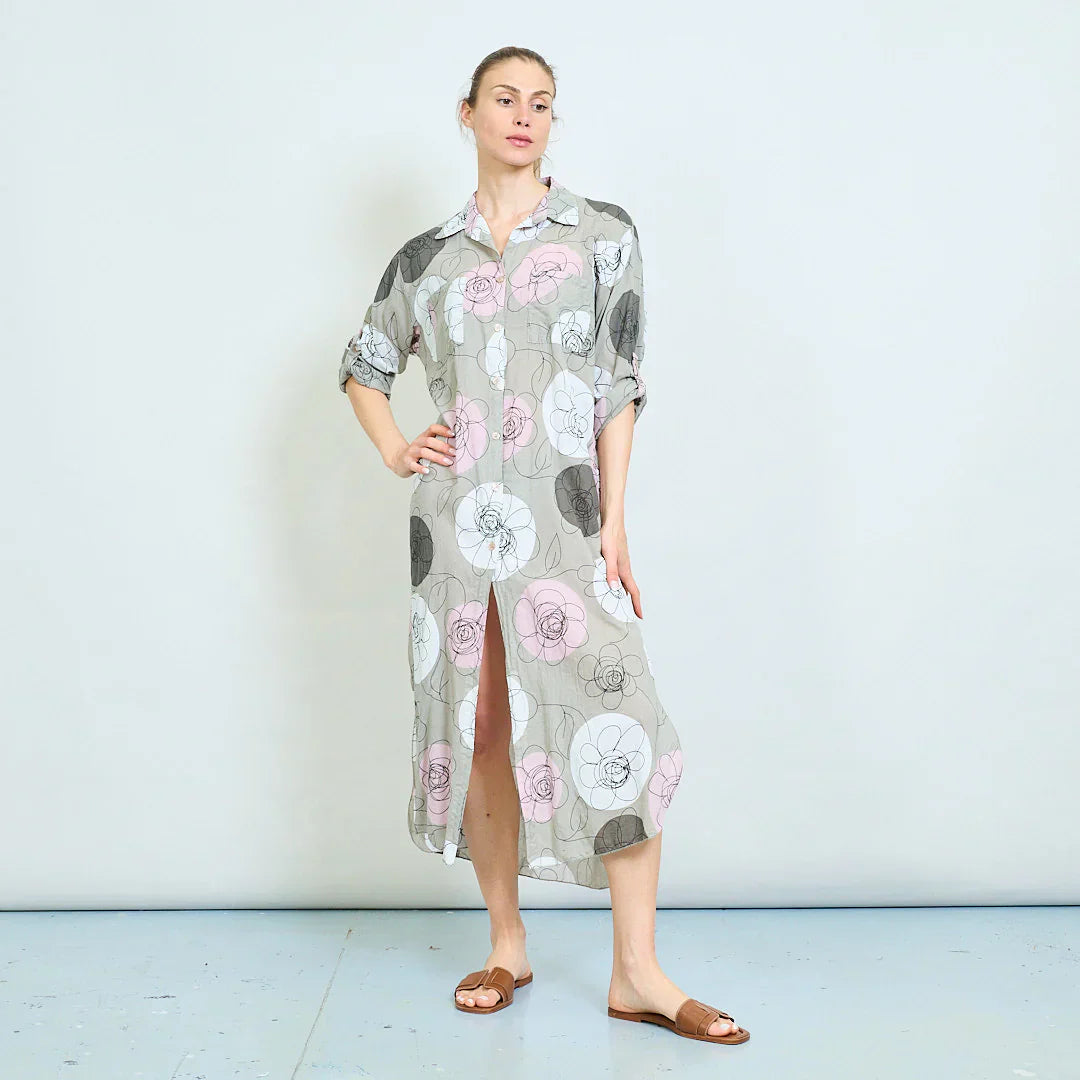 BZNA Sommer Oversize Hemdkleid mit abstraktem Blumendruck   oneSize - B Z N A