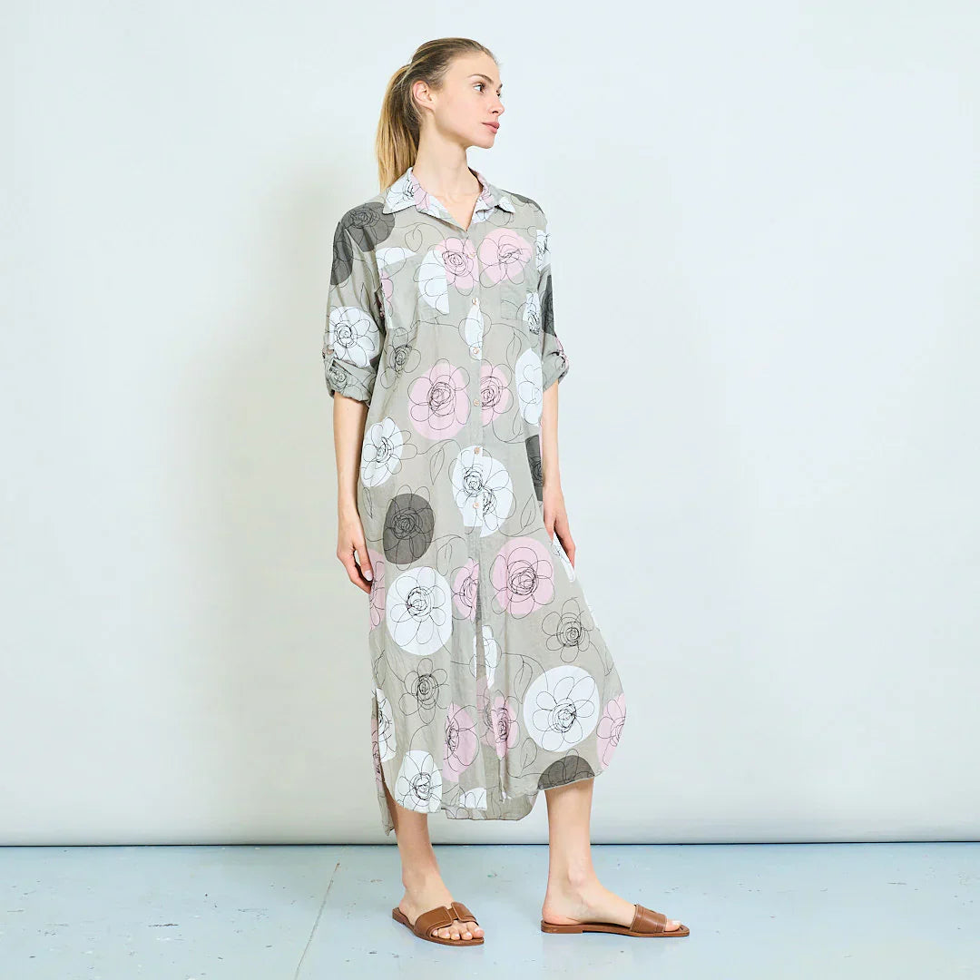 BZNA Sommer Oversize Hemdkleid mit abstraktem Blumendruck   oneSize - B Z N A