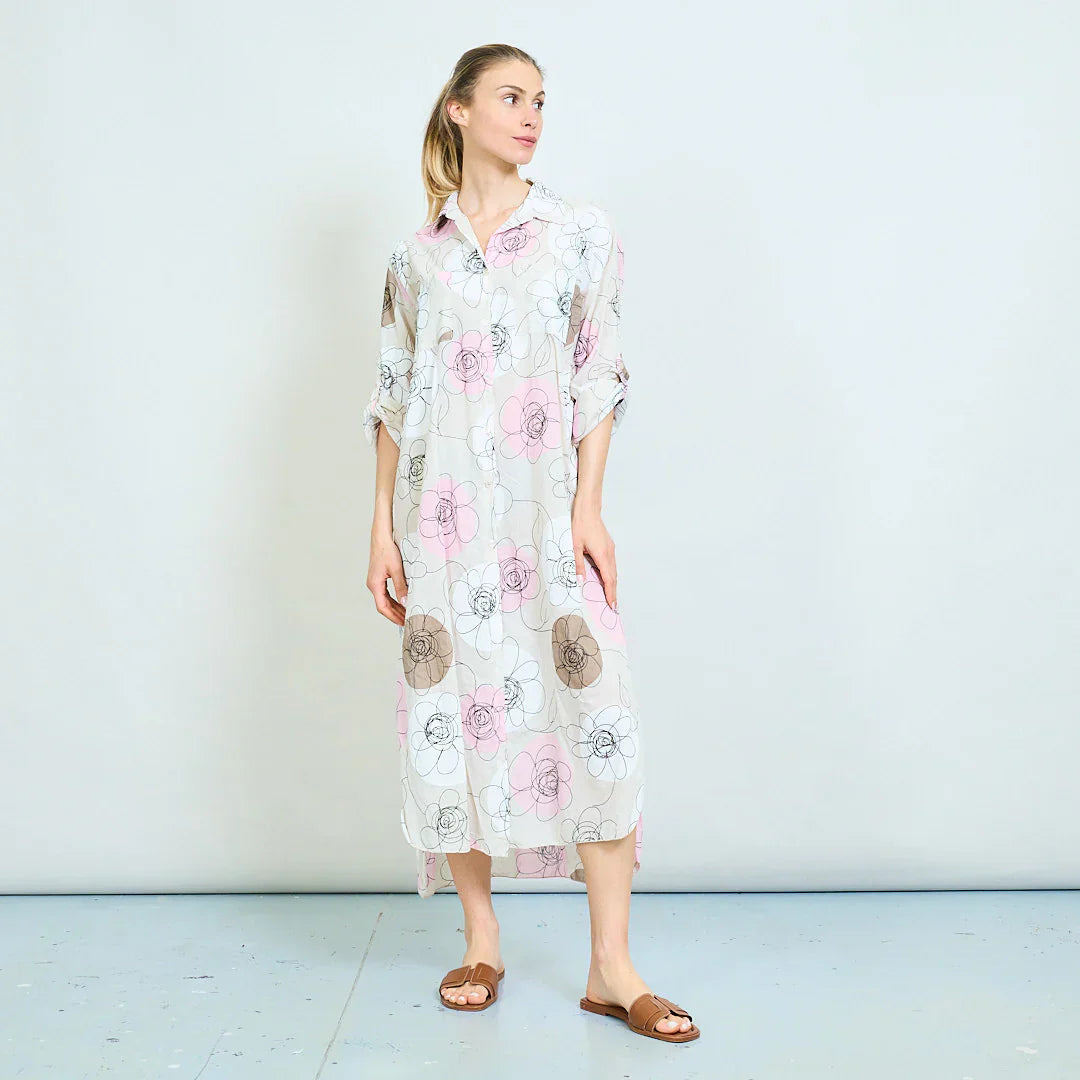 BZNA Sommer Oversize Hemdkleid mit abstraktem Blumendruck   oneSize - B Z N A