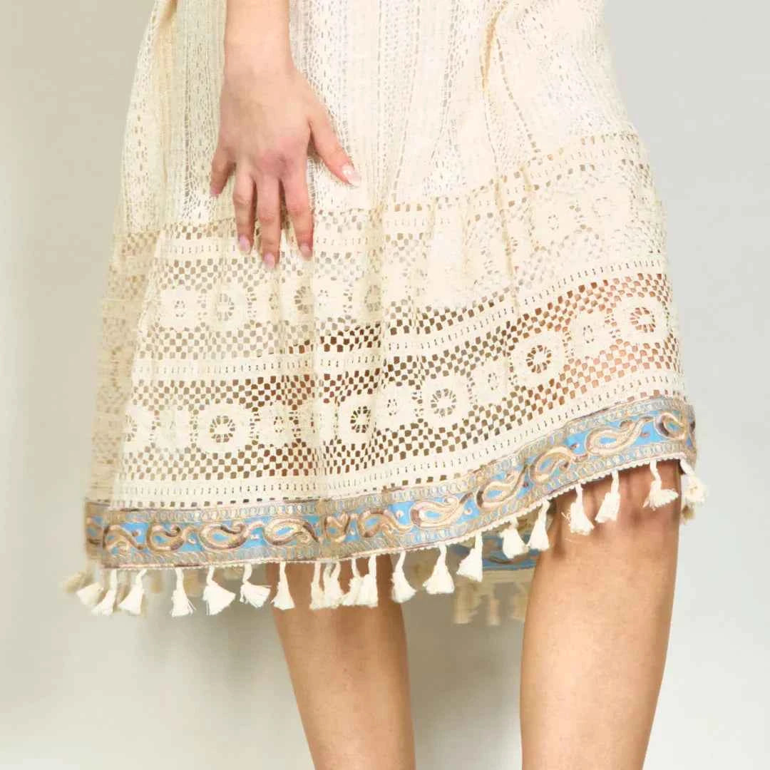 BZNA Sommer Beige Boho Spitzen  Tunika  Kleid mit Quastendetail  oneSize
