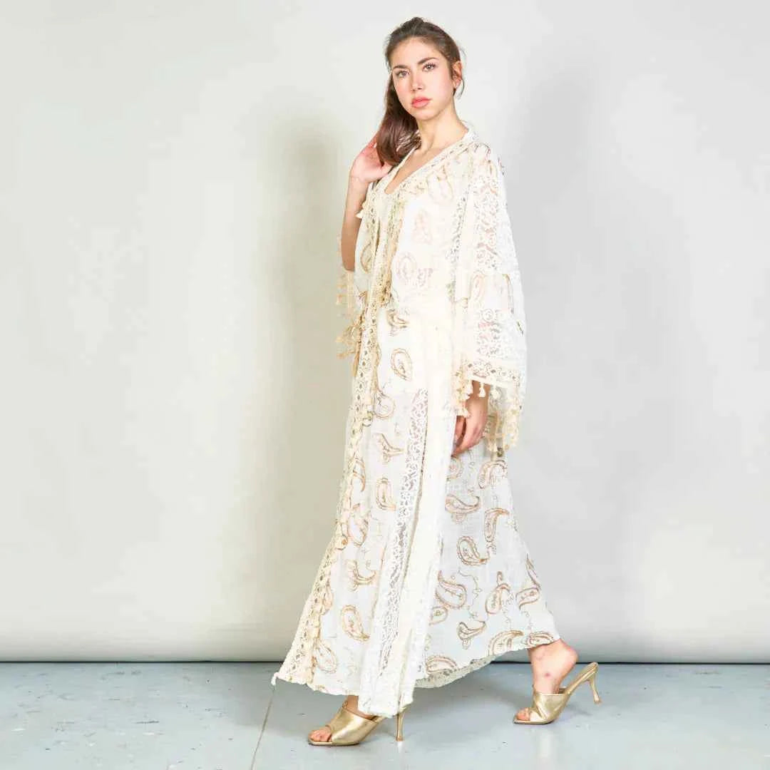 BZNA Sommer Weiß Paisley bestickte übergroße Boho Kimono oneSize