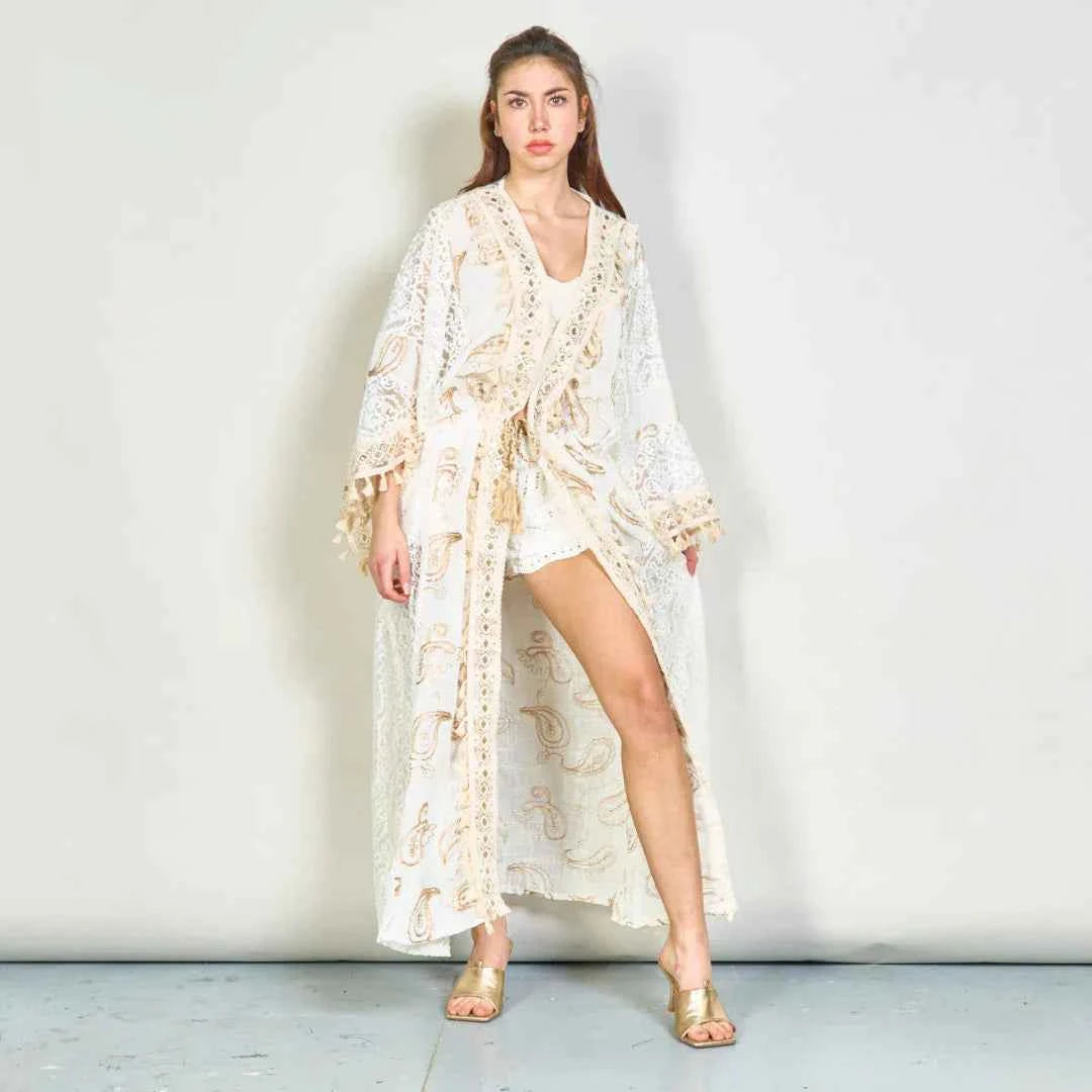 BZNA Sommer Weiß Paisley bestickte übergroße Boho Kimono oneSize