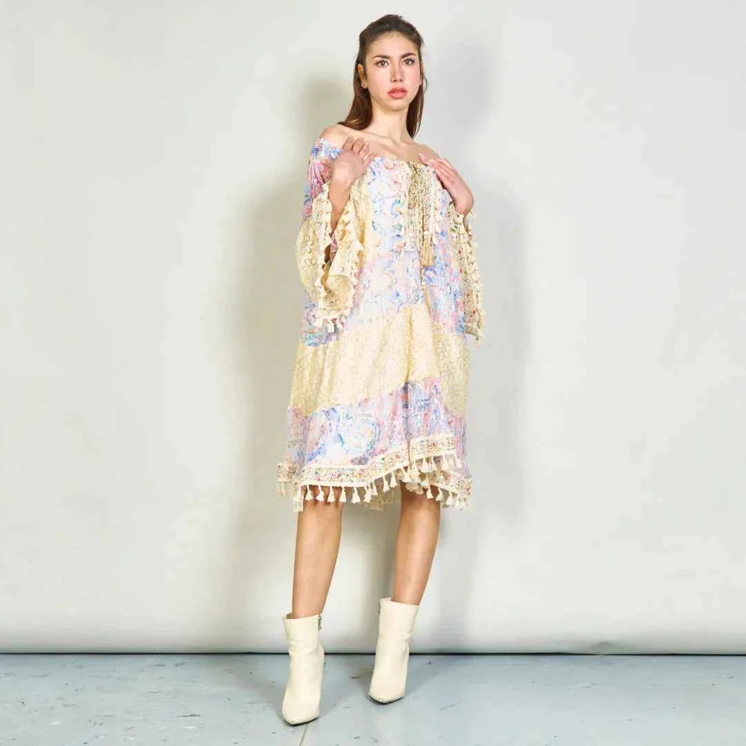 BZNA Sommer Patchwork Spitze Boho Tunika Kleid mit Quasten oneSize