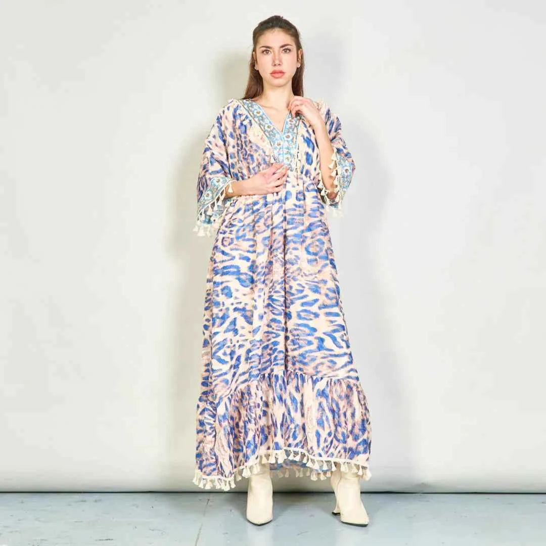 BZNA Sommer Animal Print Boho Maxi Kleid mit Quasten oneSize