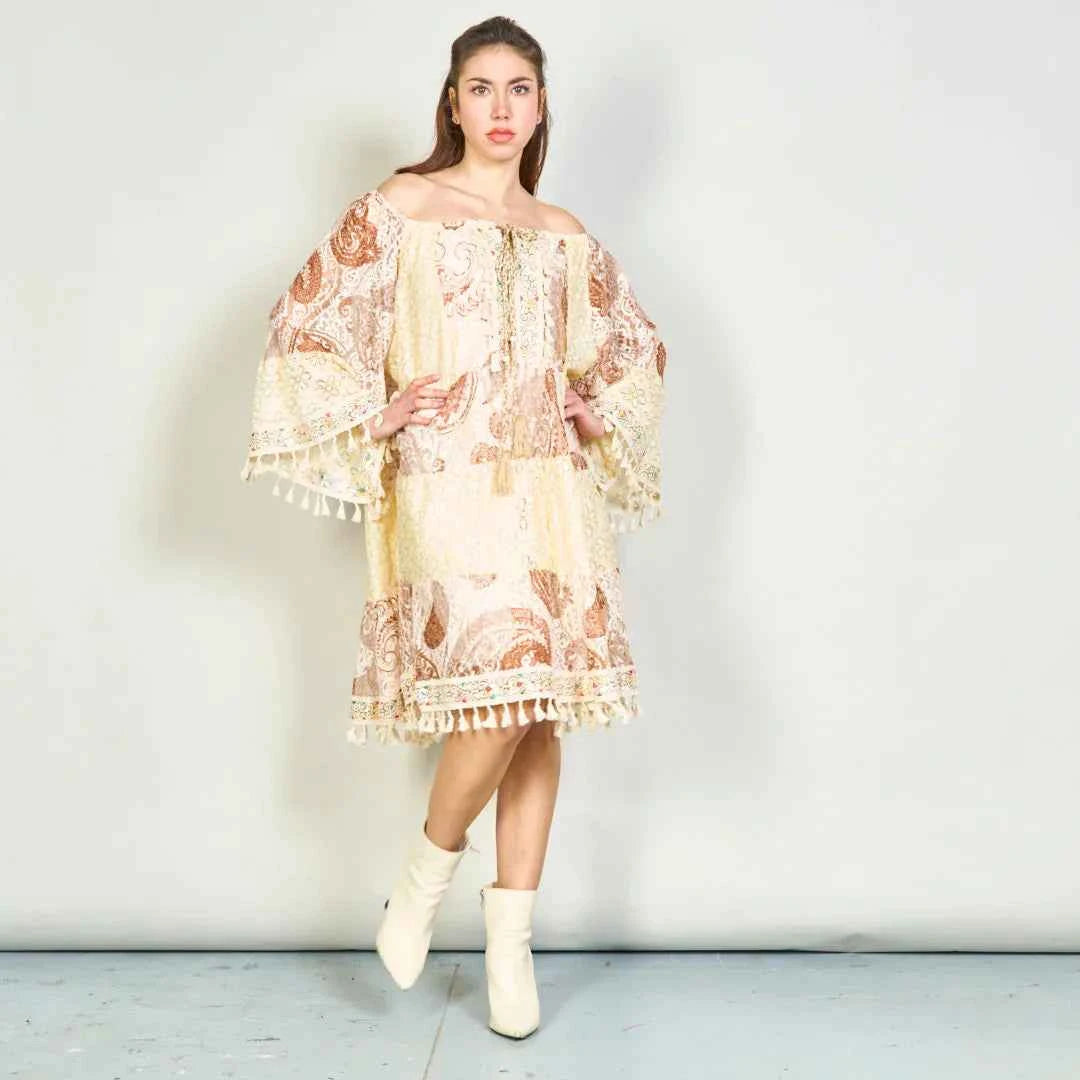 BZNA Sommer Patchwork Spitze Boho Tunika Kleid mit Quasten oneSize