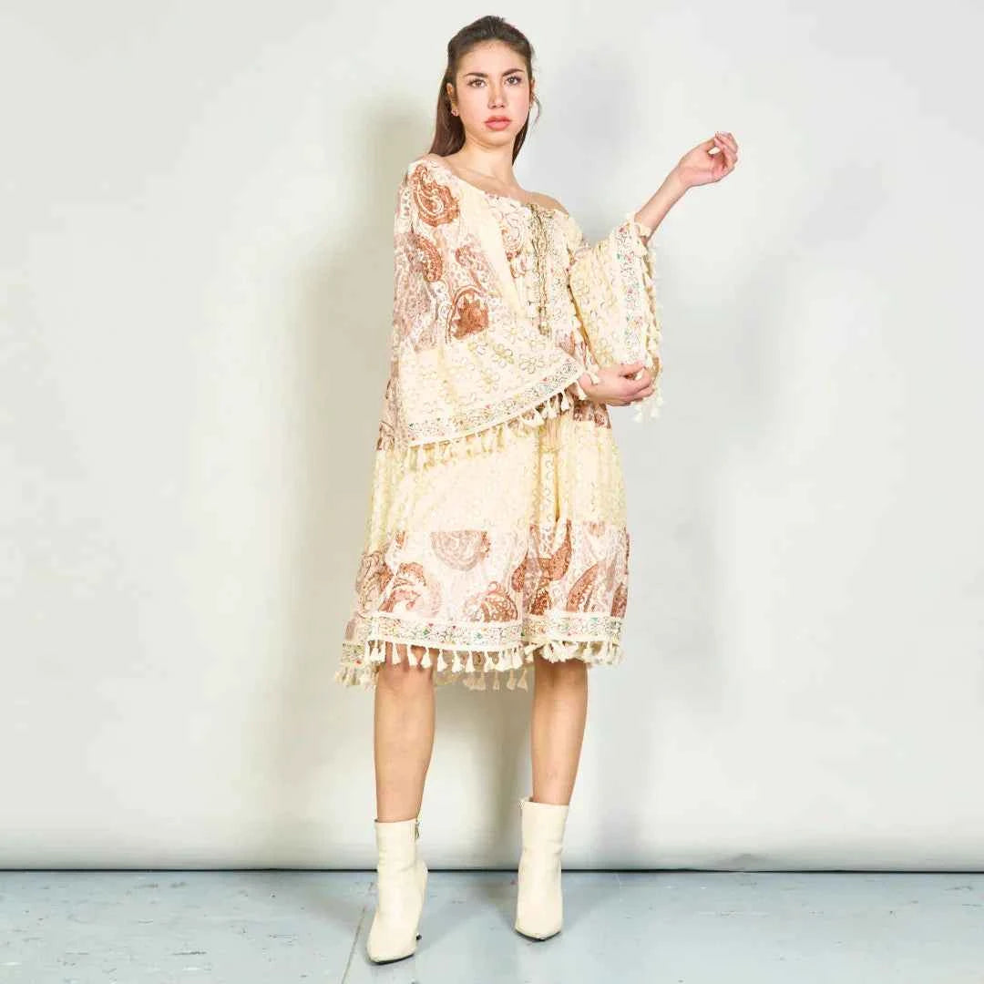 BZNA Sommer Patchwork Spitze Boho Tunika Kleid mit Quasten oneSize