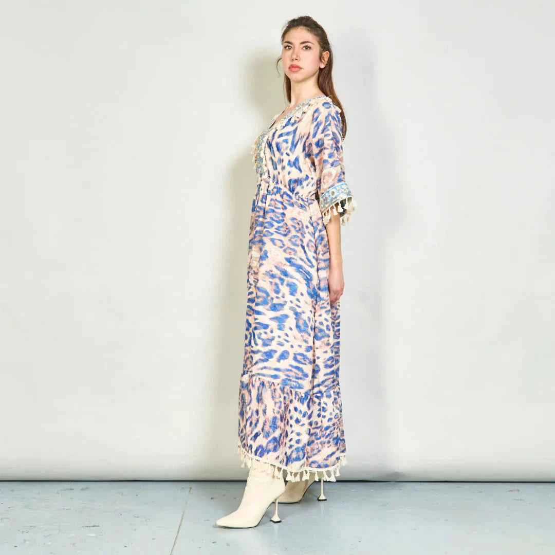 BZNA Sommer Animal Print Boho Maxi Kleid mit Quasten oneSize