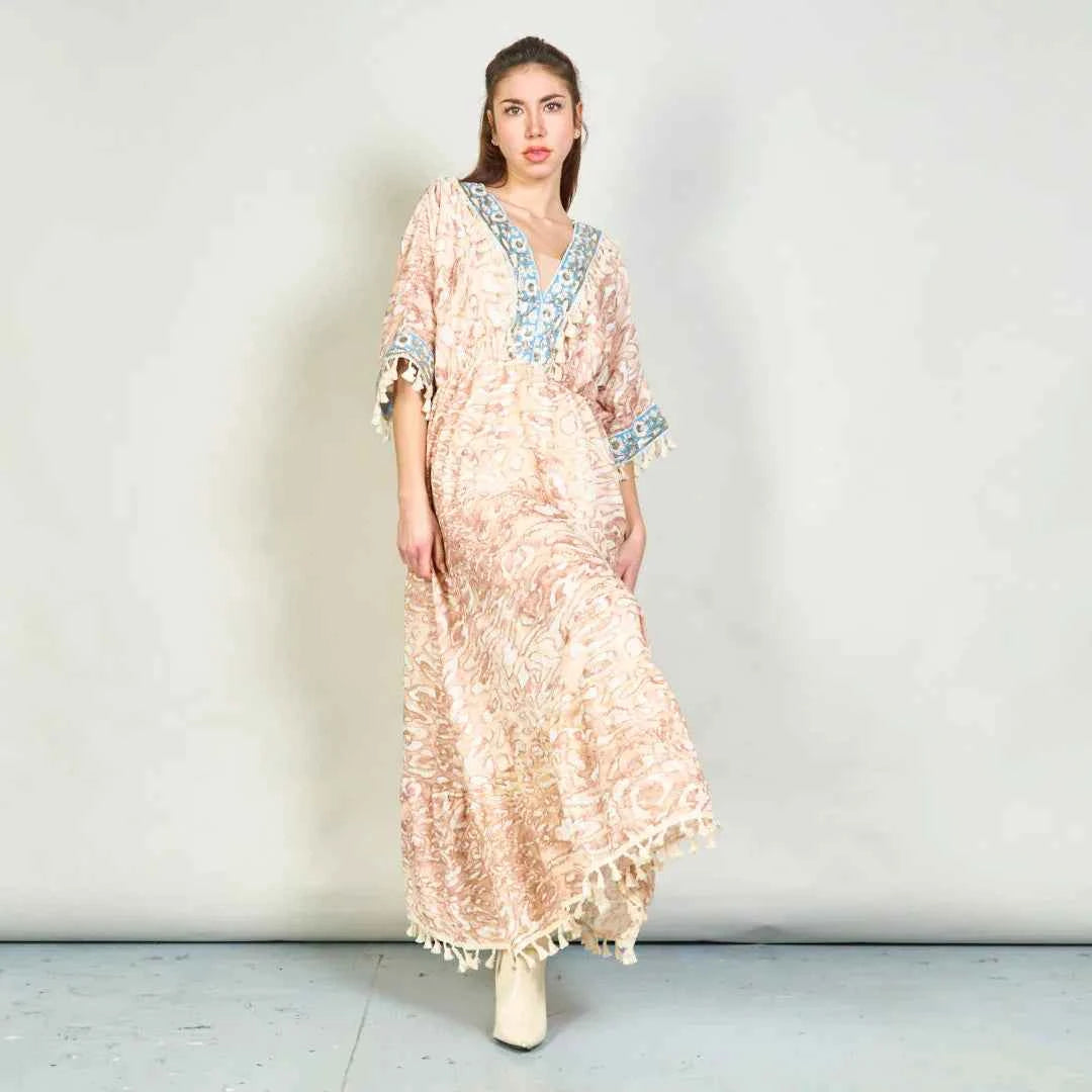 BZNA Sommer Animal Print Boho Maxi Kleid mit Quasten oneSize