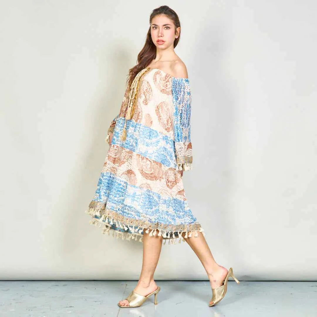 BZNA Sommer Boho Paisley übergroßes Tunika -Kleid mit Quasten  oneSize