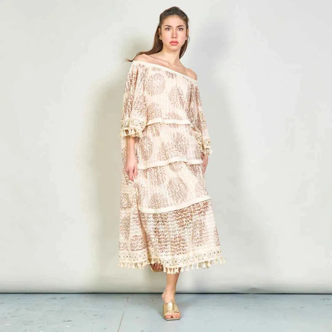 BZNA Sommer BOHO Blumen übergroße gestufte Kleid mit Quasten oneSize