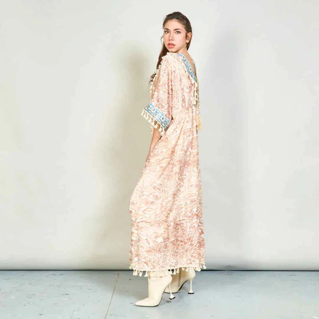 BZNA Sommer Animal Print Boho Maxi Kleid mit Quasten oneSize