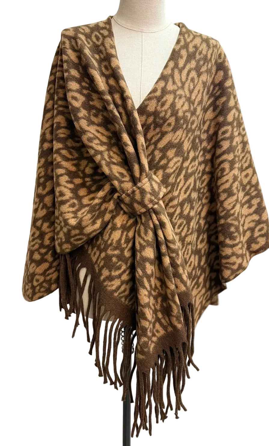 BZNA Strickponcho in Kamel - Wolltuch mit Fransen - Poncho MADE IN ITALY