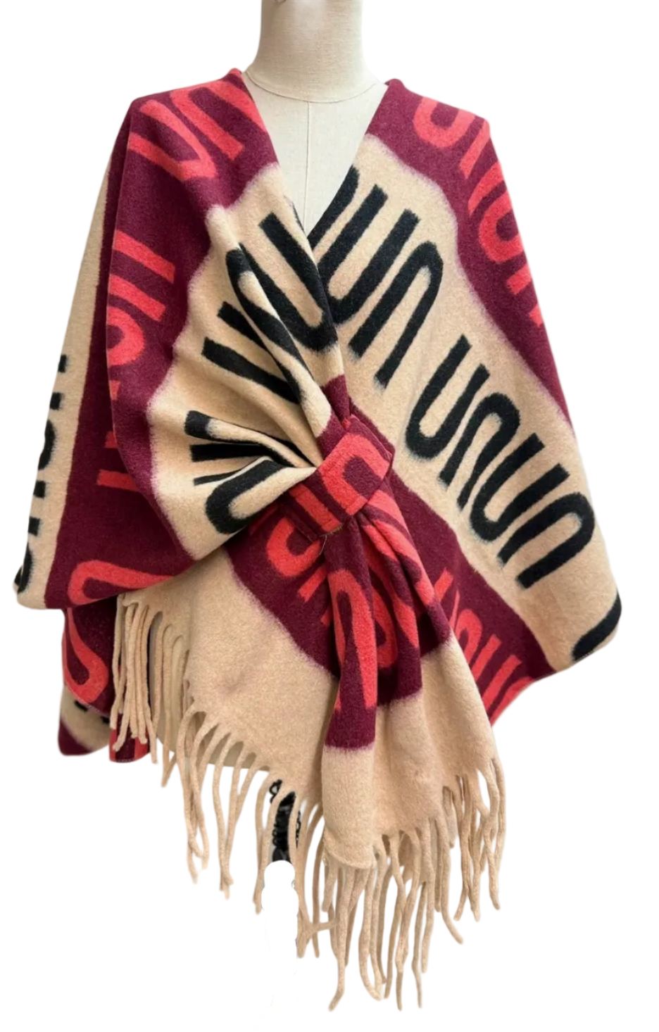 BZNA Strickponcho in Bordo - Wolltuch mit Fransen - Poncho MADE IN ITALY