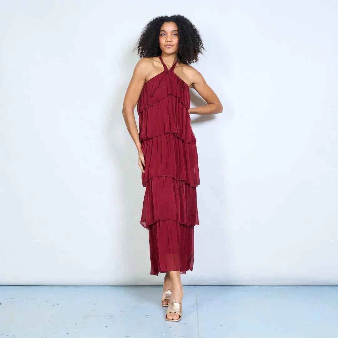 BZNA Sommer Neckholder Stufen Maxikleid Stufen Seidenkleid Chiffonkleid oneSize