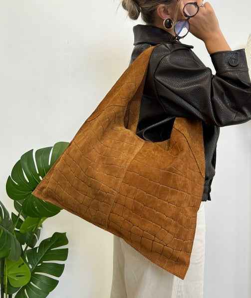 BZNA Bag B06261 Kroko Moro Wildleder Italy Damen Shopper Schultertasche Tasche
