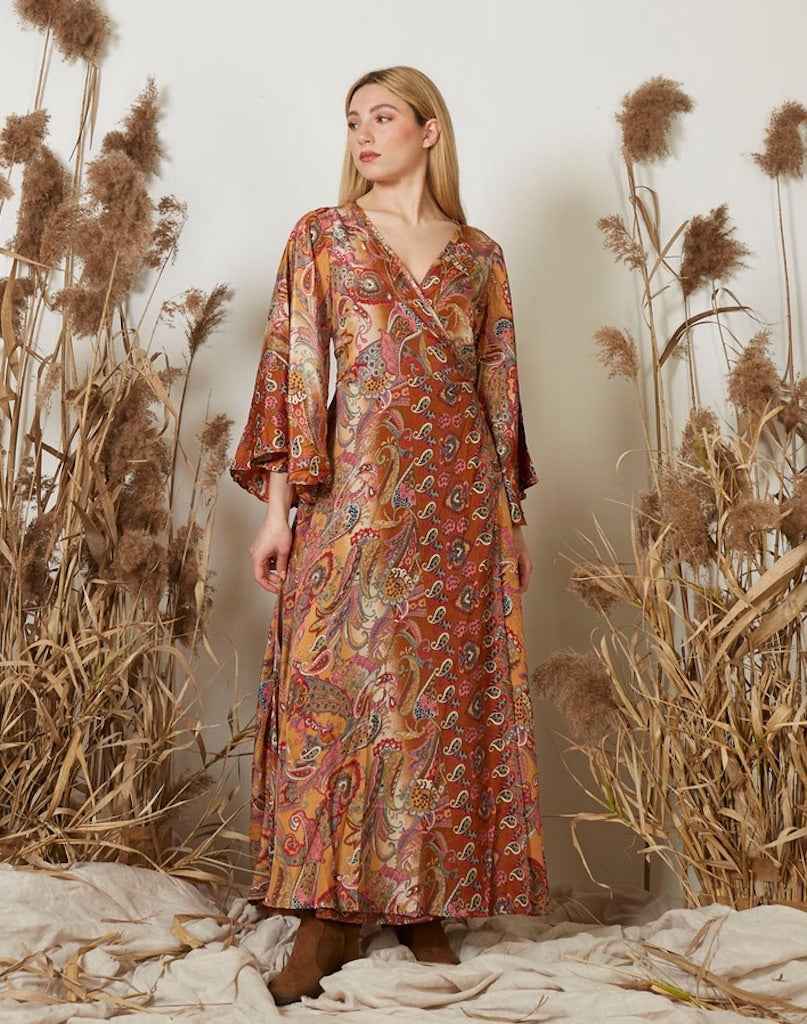 BZNA Boho Hippie Kleid Seide Braun mehrfarbig Seidenkleid mit Kreuz V Ausschnitt oneSize