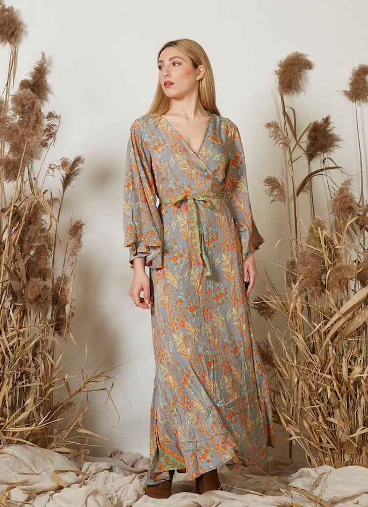 BZNA Boho Hippie Kleid Seide Grau mehrfarbig Seidenkleid mit Kreuz V Ausschnitt oneSize