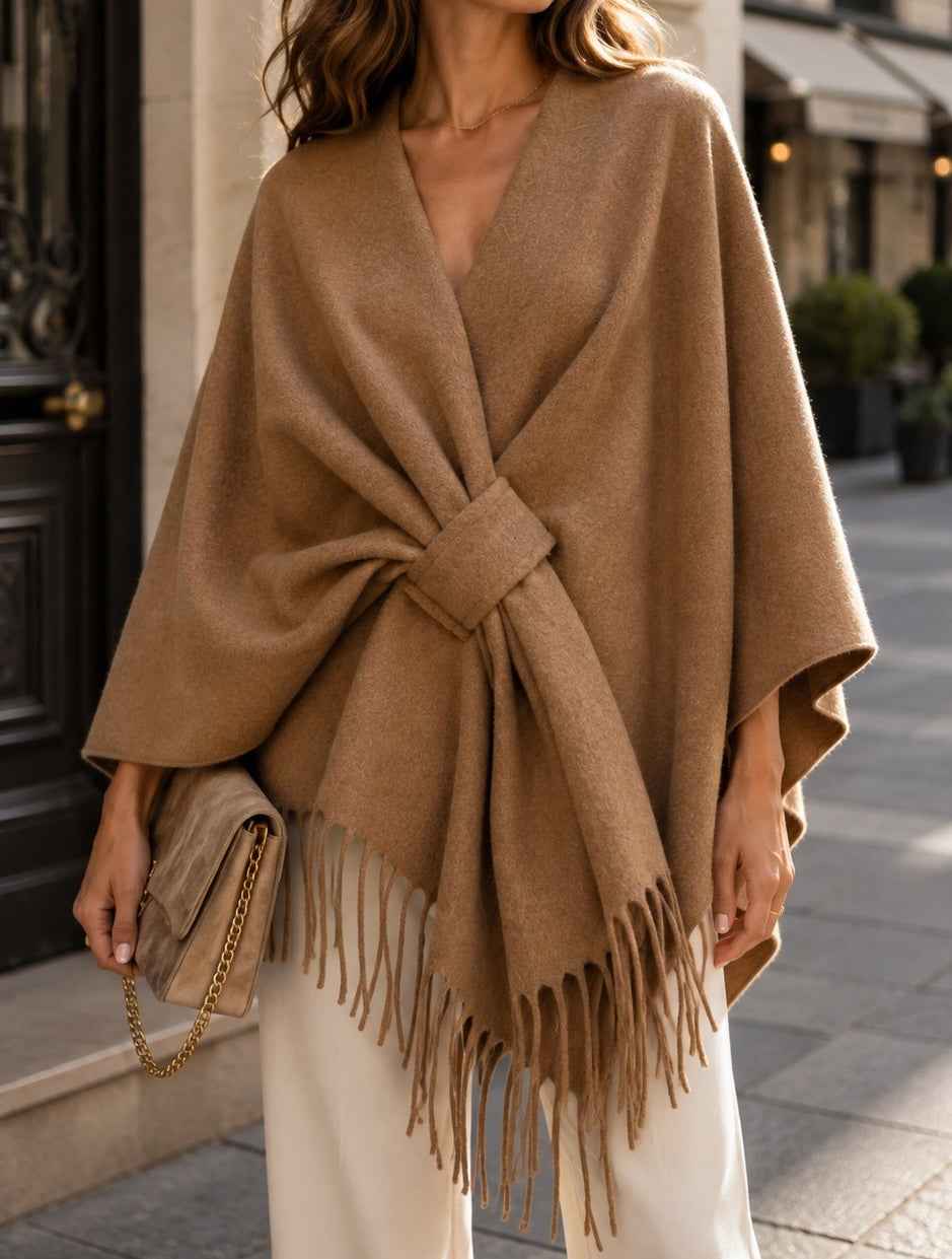 BZNA Strickponcho in Camel - Wolltuch mit Fransen - Poncho MADE IN ITALY