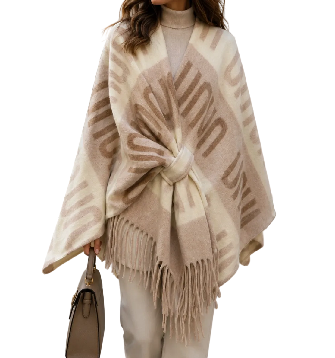 BZNA Strickponcho in Ecru - Wolltuch mit Fransen - Poncho MADE IN ITALY - B Z N A