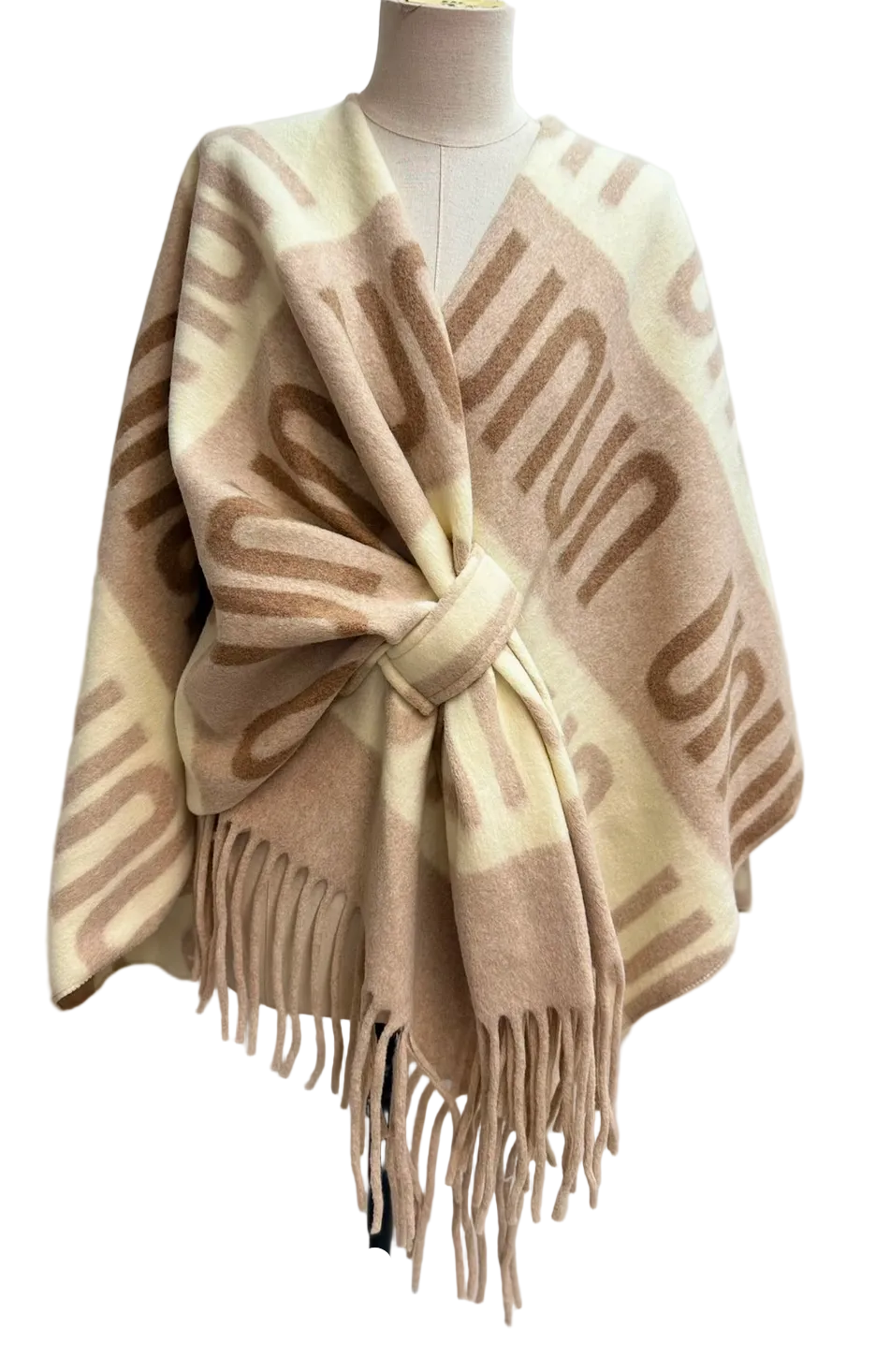 BZNA Strickponcho in Ecru - Wolltuch mit Fransen - Poncho MADE IN ITALY - B Z N A